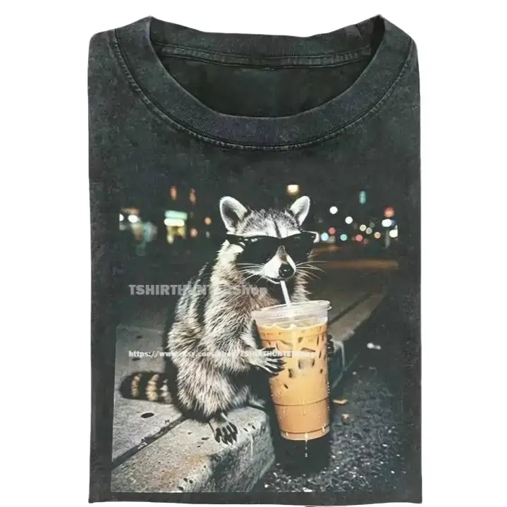 Funny Raccoon Drinking Iced Coffee Shirt, Animal Meme Graphic Tee, Gift for Men, Women funny shirts for women, Womenswear Cotton Top Streetwear