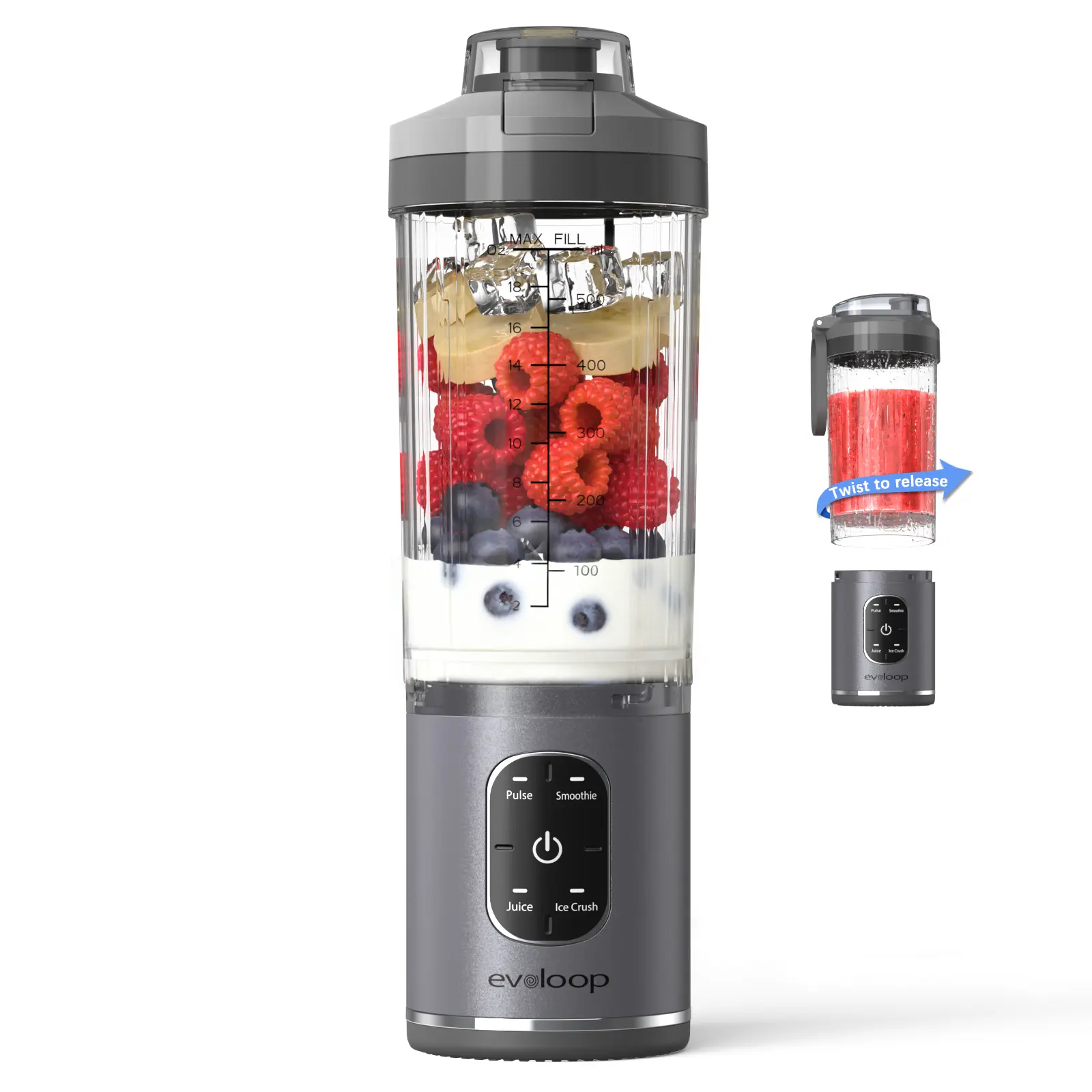 EVOLOOP Personal Smoothie Maker Blender for Shakes - USB-C Rechargeable Cordless Portable Blender Set, 18 oz BPA-Free Removable Vessel, 4 Programs, Ice Crushing Health Drink Mixer, Dishwasher Safe Lids & Straws, Smoothie Blender Set