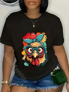 100% Cotton cute Women Girl Chicken With Bandana Headband and Glasses T-Shirt