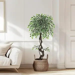 Artificial Ficus Tree for Home Decor Indoor 4FT Faux Floor Tree White Imitation Ceramic Planter Indoor Outdoor Lifelike Fake Ficus Tree with Pebbles and Green Fake Moss for Office Decorative Fruit Leaf Lightweight