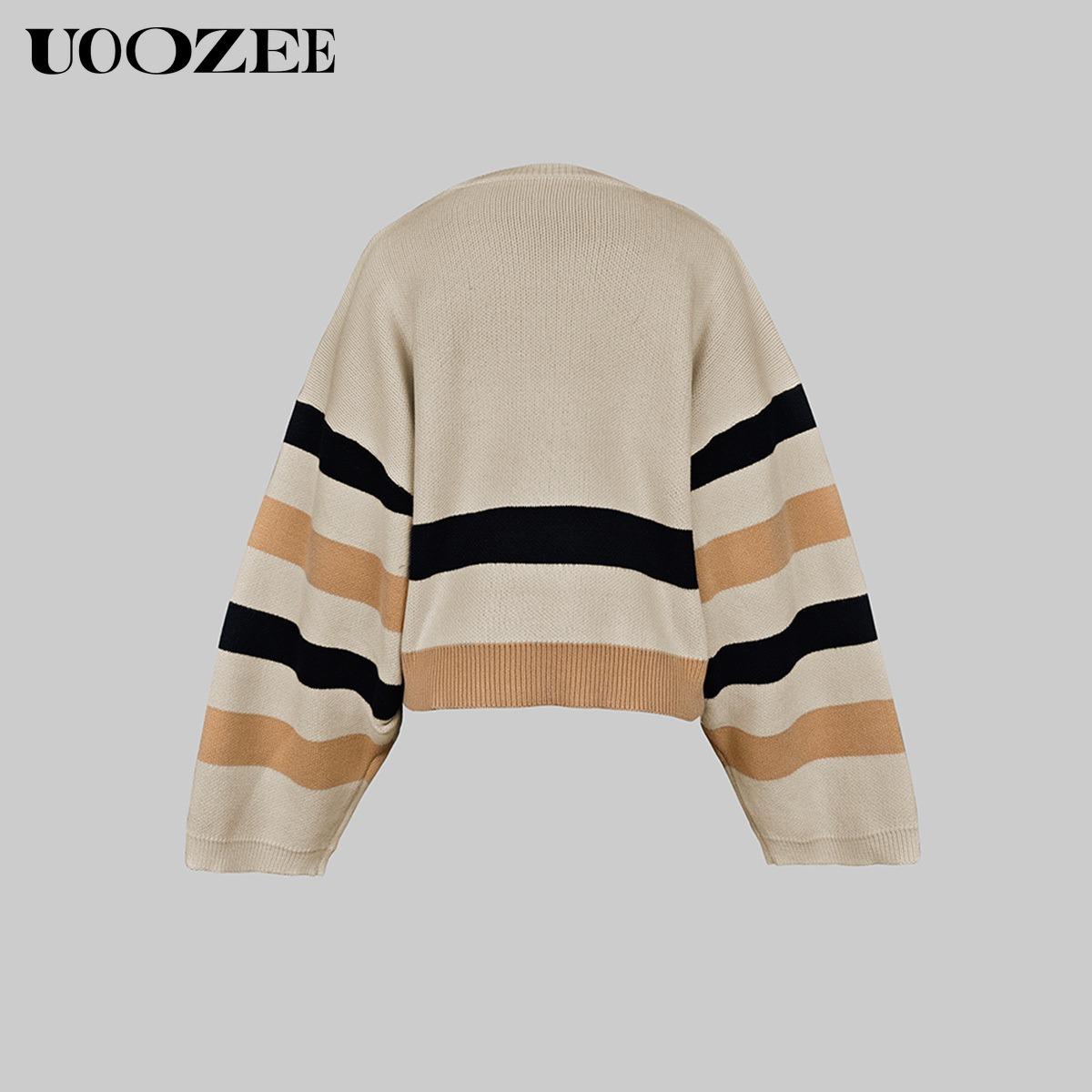 UOOZEE Loose Striped Round-Neck Pullovers Sweater Tops & Loose Wide Leg Striped Casual Pants Set Viscose Nylon Knitting Women's Clothing Suits Long Sleeve(The bottom is a bit small. It is recommended to choose one size larger)