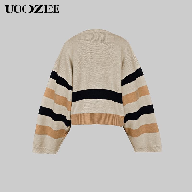 UOOZEE Loose Striped Round-Neck Pullovers Sweater Tops & Loose Wide Leg Striped Casual Pants Set Viscose Nylon Knitting Women's Clothing Suits Long Sleeve(The bottom is a bit small. It is recommended to choose one size larger)