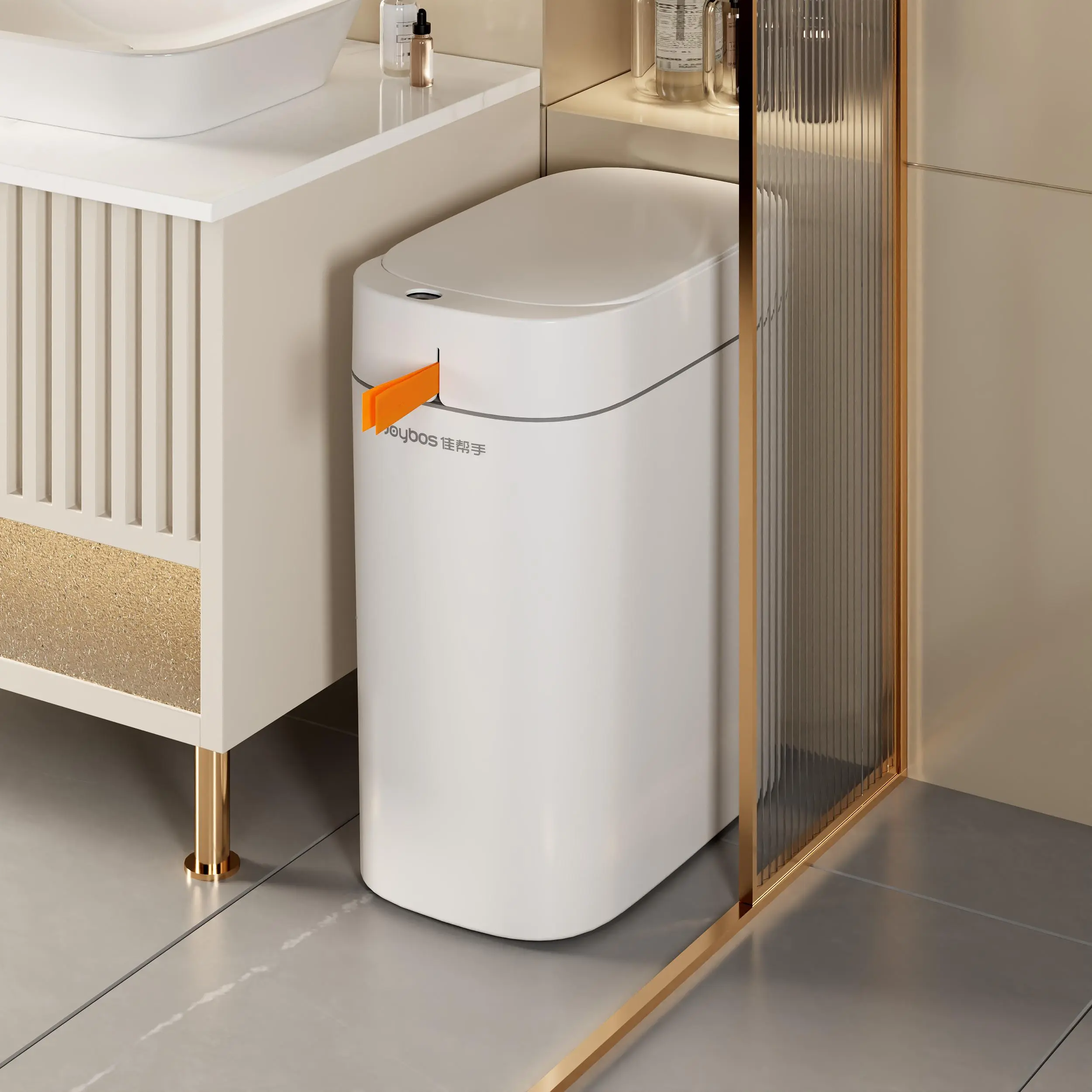 Joybos Rechargeable Motion Sensor Bathroom Trash Can with Lid - Auto-Adsorption Slim Modern Rectangular Odor Seal Bin, Bathroom Accessories, Above 12 L Smart Bin (Charging Cable & Batteries Not Included) for Home,dorm essentials,home essentials