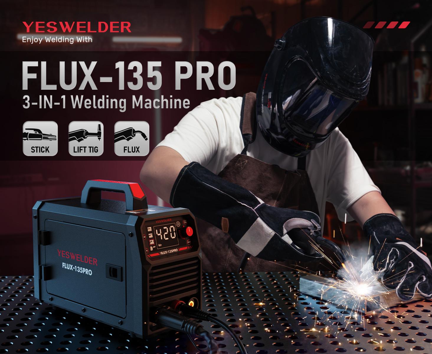 YESWELDER FLUX-135PRO 110V 135Amp Flux Core MIG Welder with LYG-L600A Welding Helmet | Gasless MIG/Lift TIG/Stick 3-in-1 Digital Display Welding Machine