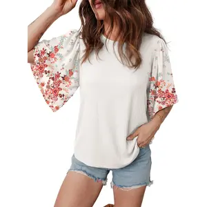 EVALESS Women's Boho T Shirts Tops Casual Loose Stretchy Ribbed Shirts Crew Neck 3/4 Sleeve Floral Print Patchwork Blouses 2026 Trendy Spring Summer Outfits