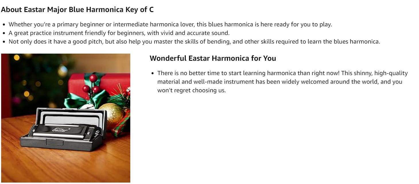 Eastar Major Blues Harmonica, 10 Holes C Key Beginner Harmonica for Kids Children Adults Students, with Hard Case and Cloth, Black