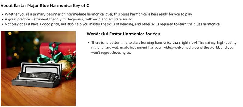 Eastar Major Blues Harmonica, 10 Holes C Key Beginner Harmonica for Kids Children Adults Students, with Hard Case and Cloth, Black