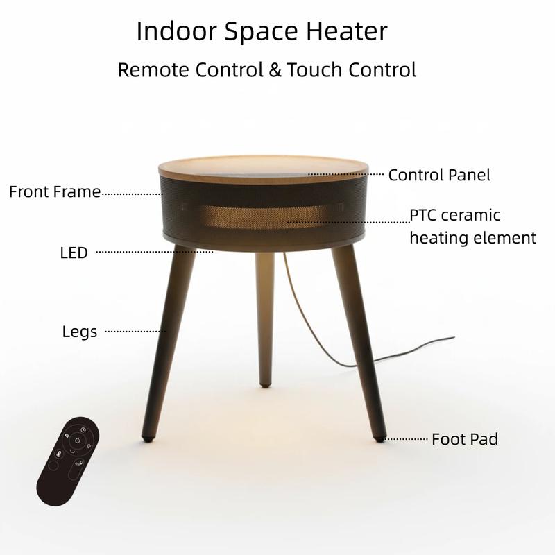 Space Heater, 1500W PTC Ceramic Side Table Heaters for Indoor Use, Electric Heater with Remote, LED Light, ECO Mode, Oscillation, 12H Timer, Overheat & Tip-Over Protection, Black