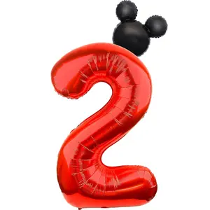 40-Inch Red Number 2 Balloon with Mouse Head, Foil Balloons for 2nd Birthday, Baby Shower, Anniversary