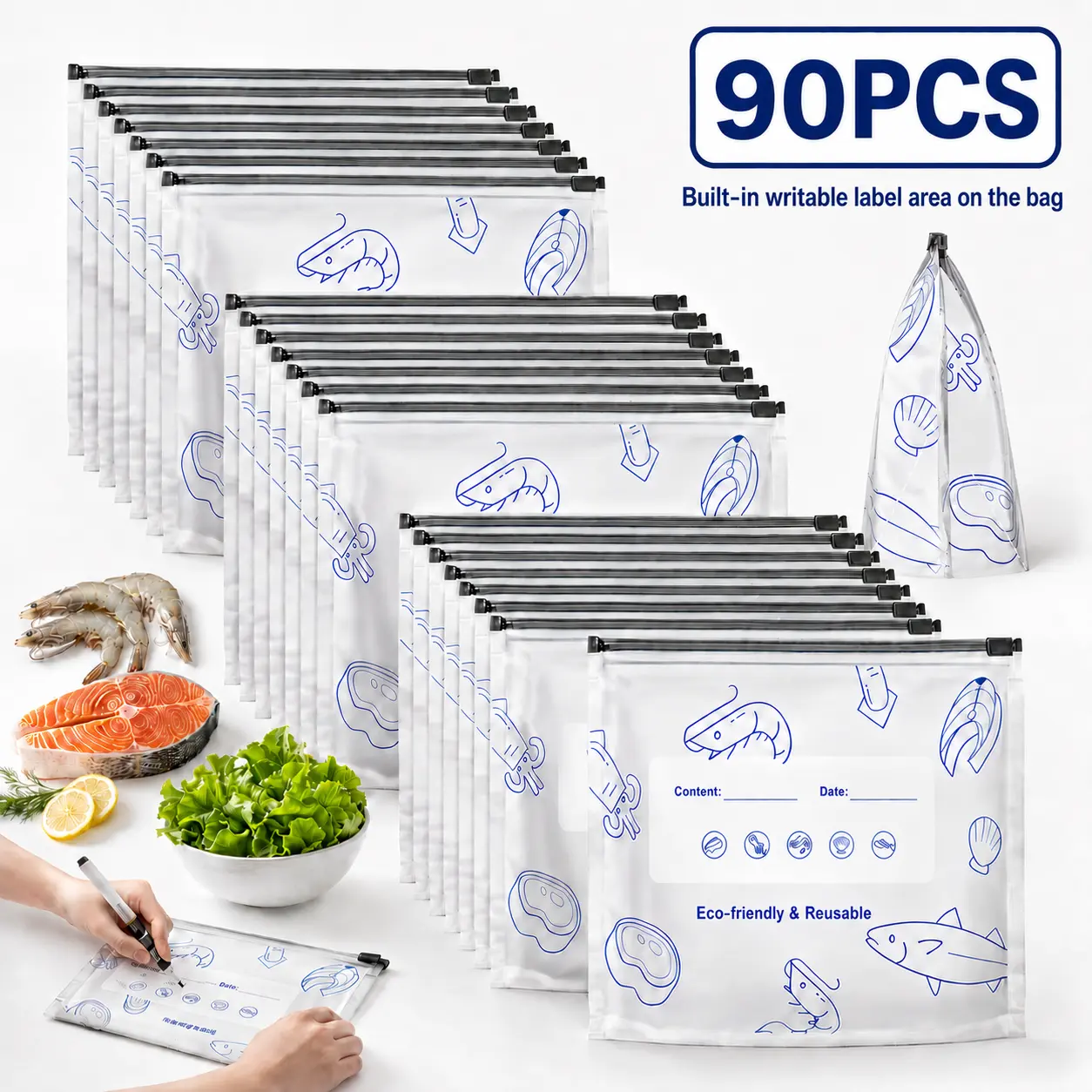 90PCS 3 Size Reusable Aluminum Foil Sealable StorageBags 2026 New Resealable Vacuum Zipper Pouches forFood Stand Up Foil Sealable Bags with Label and Zip Lockfor Vegetable Fruit Meat
