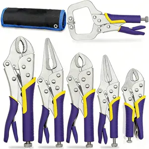 Vice Grips Pliers Set, 6-Piece Locking Pliers Set, 6-1/2”, 9-1/2” Needle Nose Vice Grips, 5”, 7” and 10” Curved Jaw Vise Grip, 6” C-clamp Locking Pliers, Fast Release with Rolling Pouch