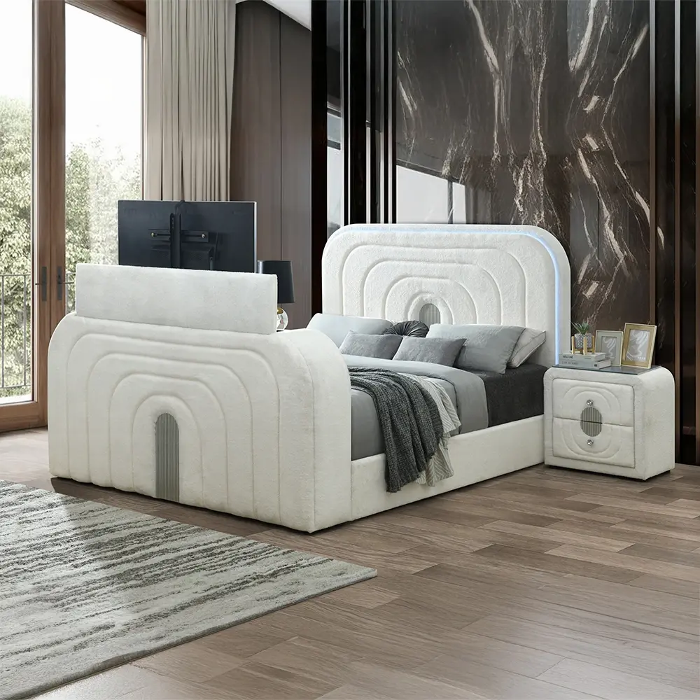 Acme BD04752Q Shelyn White Teddy Bear Sherpa Upholstered Queen Modern Bedroom Set - LED Fireplace, TV Lift for Cozy Stylish Bedroom Use