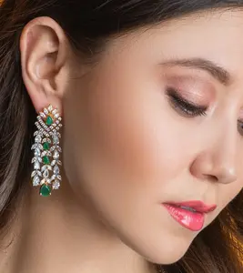 Ava Two Toned Yellow Gold Plated & Emerald Green CZ Chandelier Earrings | Modern Indian Jewelry By Jaipur Rose