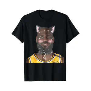 Crewneck T Shirt Black Lebron James Cat Ears And Collar Graphic Print Basketball Fan Wear For Casual Outfits