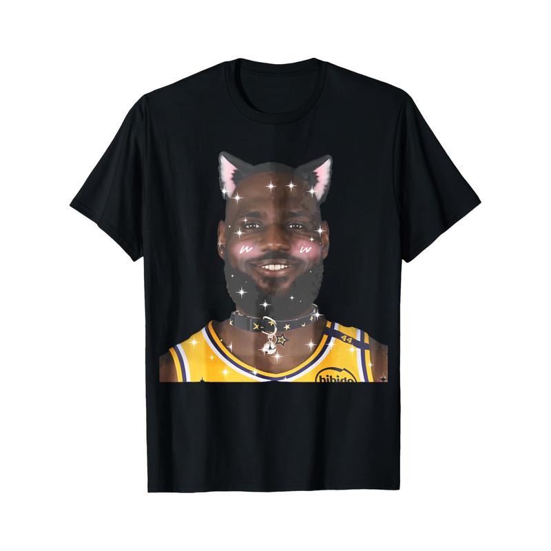 Crewneck T Shirt Black Lebron James Cat Ears And Collar Graphic Print Basketball Fan Wear For Casual Outfits
