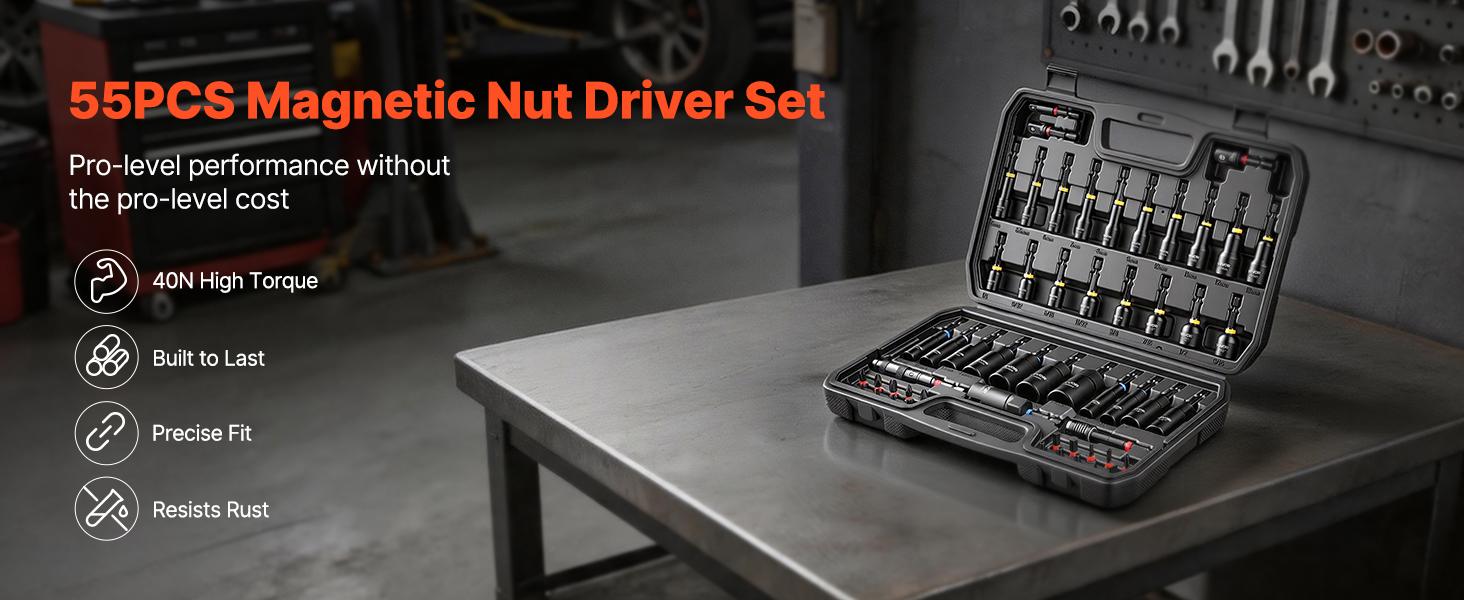 【summerfinds】VEVOR Master Magnetic Impact Nut Driver Set 55PCS, Metric & SAE Sizes, with Socket Adapters, Bit Holder, Wing Nut Driver, Pivoting Nutsetter, Quick Release Extension, Power Bits, Storage Box, Multi Nut Driver, Tools And Gadgets
