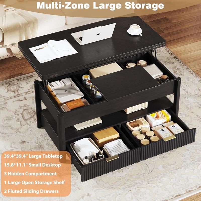 40" Lift Top Coffee Table with Storage, 4 in 1 Square Coffee Table with Hidden Compartment & Open Shelf & 2 Drawers, Modern Coffee Tables with Lifting Top for Living Room, Home, Office, Black