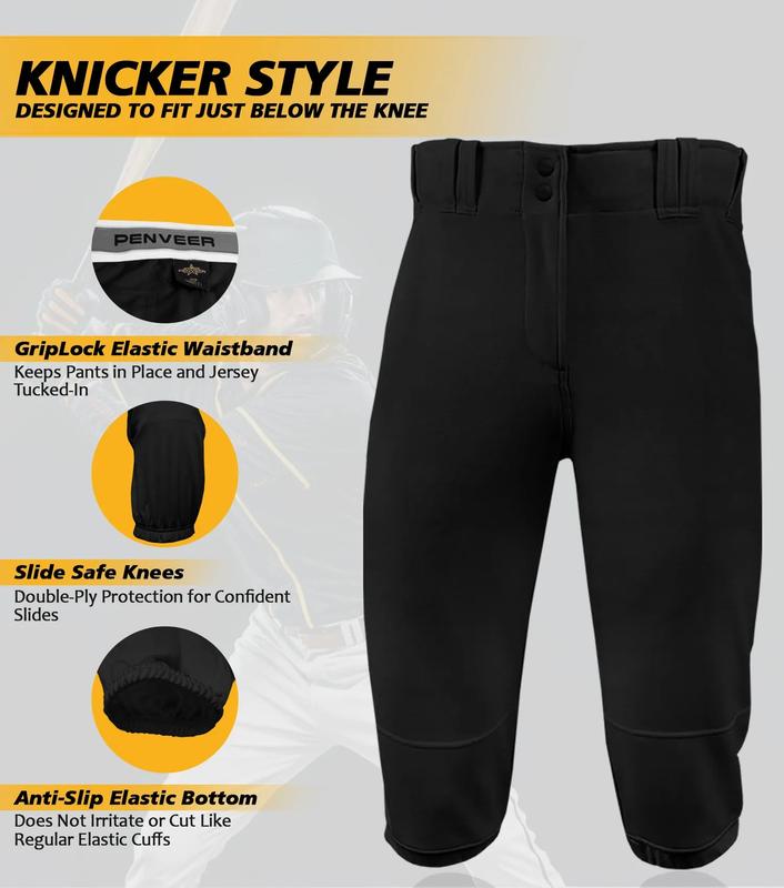 Penveer Knicker Style Adult Baseball Pants with Durable Snap Zip, Elastic Bottom Mens Baseball Pants (Black) Athletic Stretchable High Waisted Athletic