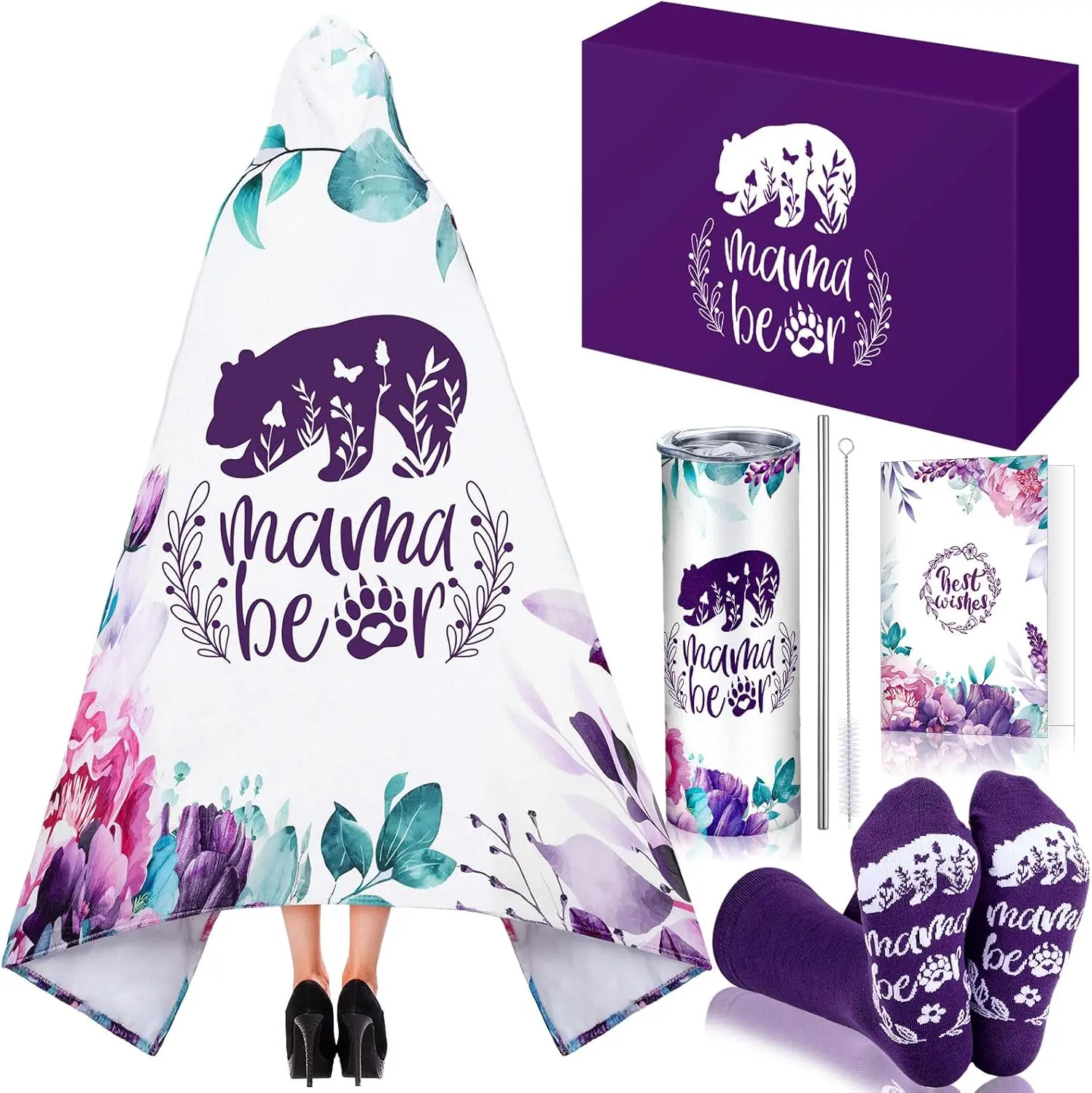 5 Pcs Christmas Gift Box Set for Mom Grandma, Cozy Wearable Blanket Hoodie, Tumbler, Socks & Card, Holiday Gifts for Her