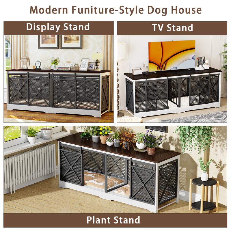 COZPAW 78" Double Dog Crate Furniture for 2 Dogs,Extra Large Furniture Style Dog Kennel,Heavy Duty Wooden XL Dog Cage with Removable Divider,Pet Cage TV Stand & Side Table (White Brown)