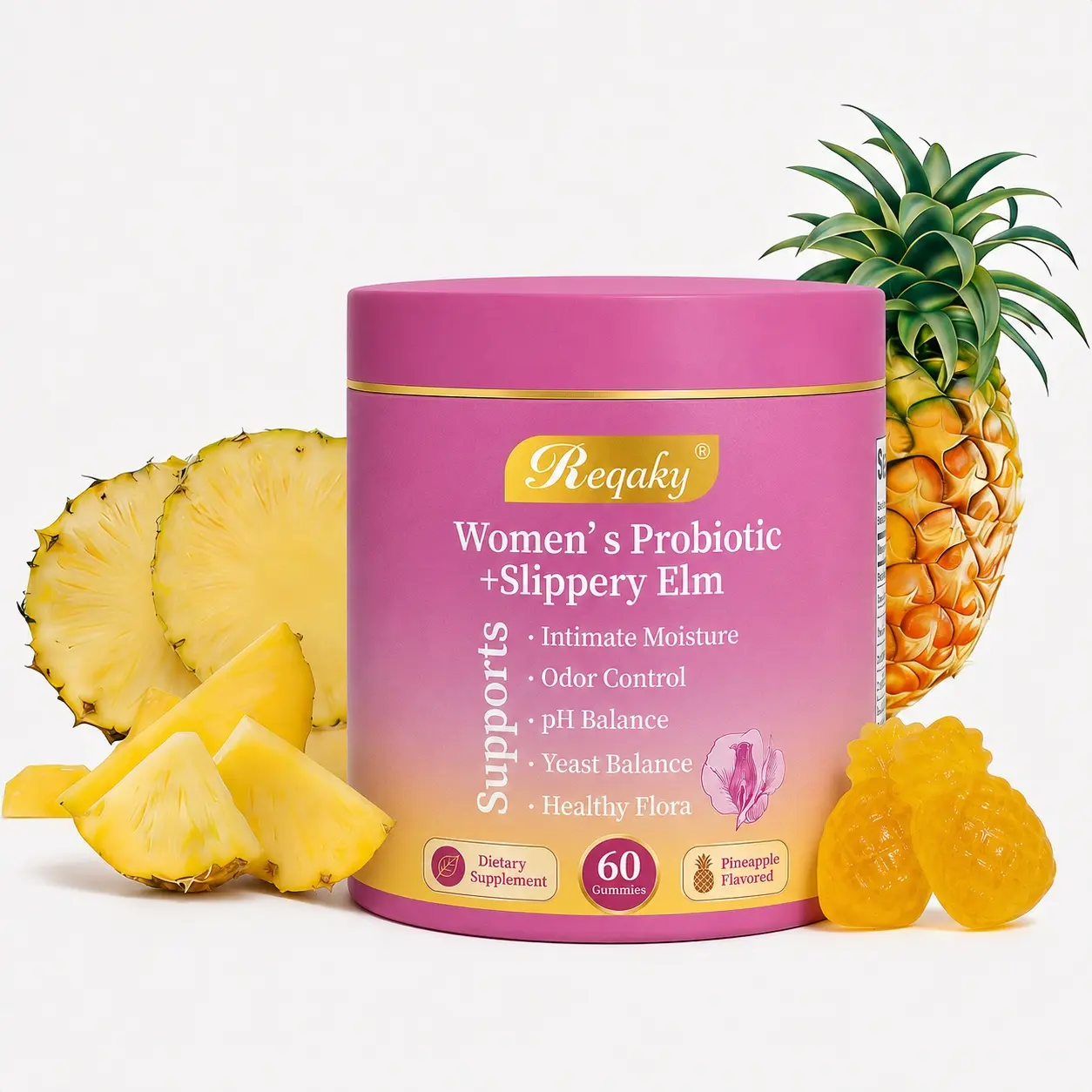 Reqaky Women's Daily Chewable All-in-1 Probiotic & Prebiotic Supplement Gummies - Hawaiian Pineapple Flavor, 60 Count, Healthy Ingredients, Supports Intimate Moisture, Odor Control, Yeast Balance, pH Balance, Dryness Relief (Women's Self Care Probiotic),