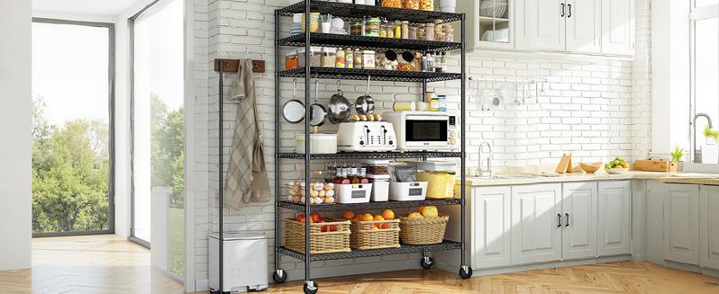 Raybee Storage Shelves with Wheels, 6 Tier Rolling Wire Shelving, Adjustable Metal Shelving Pantry Shelves with Capacity Garage Shelving Storage Organizer for Pantry, Kitchen, Closet Organizing Cabinet Rack