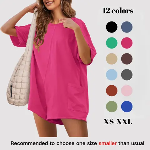 Molitree Women's Trendy Unique Round Neck Reversible Oversized Rompers - Loose Short Sleeve Athletic Jumpsuit with Contrast Stitch, Fit for Summer Workouts, Outdoorfun