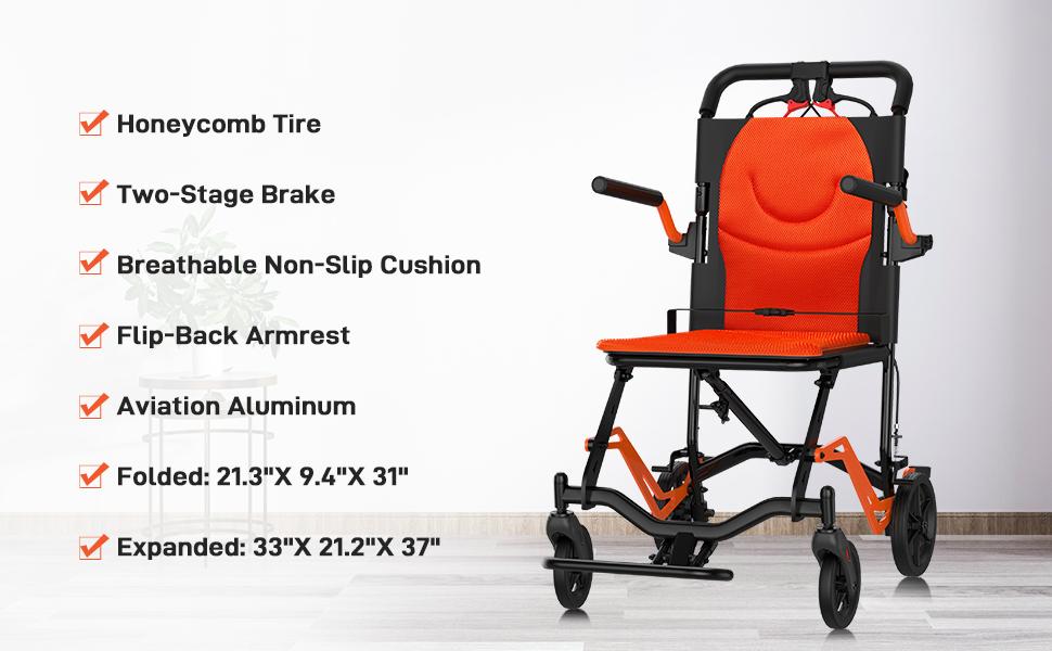 【GARVEE】Portable Lightweight Folding Transport Chair with Locking Handbrake, Removable Flip Armrests, Aluminum Alloy Frame, Swinging Footrests, Supports 220 lbs, Ideal for Indoor & Outdoor Use