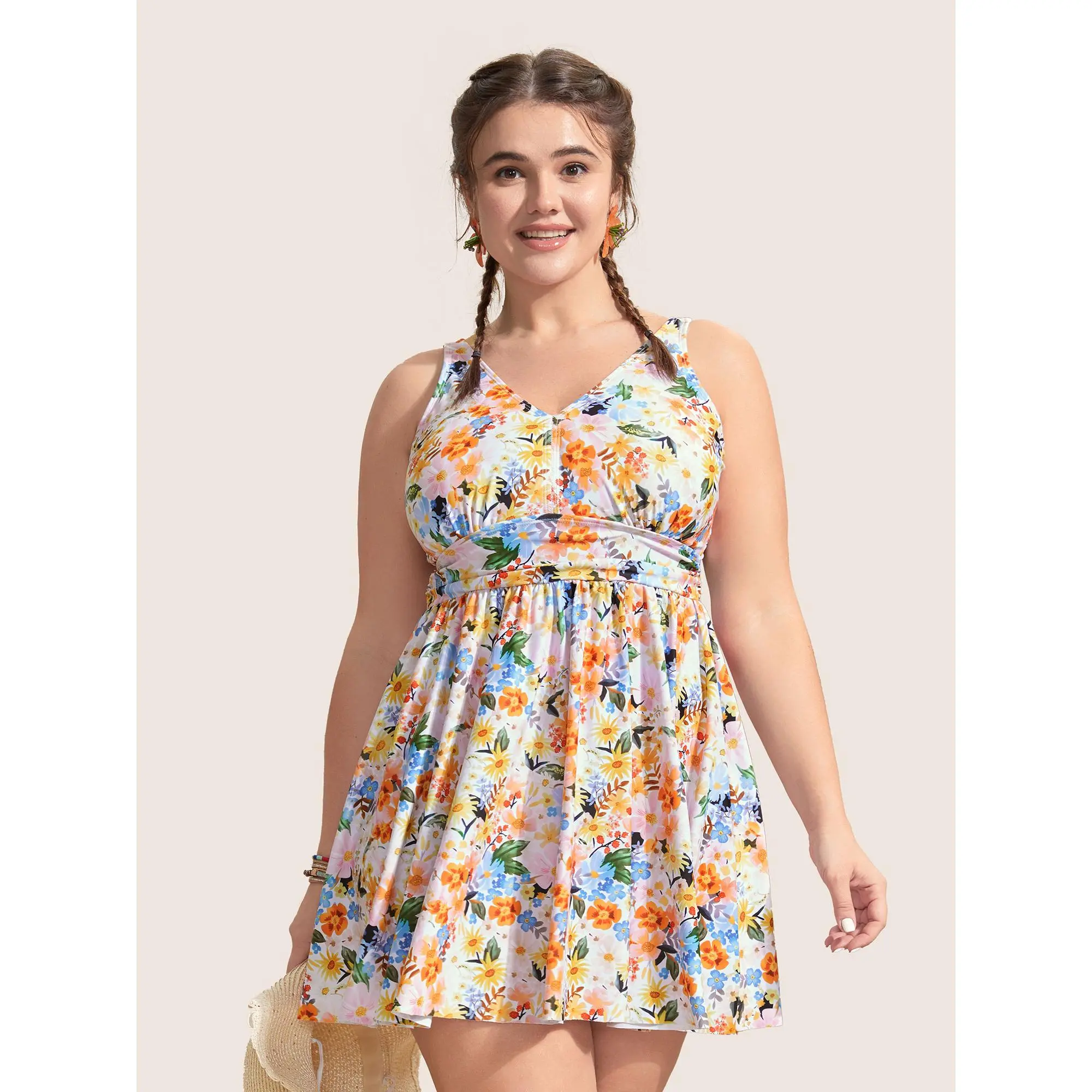 Women's Plus Size Multicolor Ditsy Floral Swim Dress - Tummy Control, V-Neck Sleeveless Bodycon Gathered Tunic, Beach Bathing Suit with Removable Cups, Synthetics Polyester Blend Bikini Bottom Set, 3X(22-24), Machine Washable Cold Wash