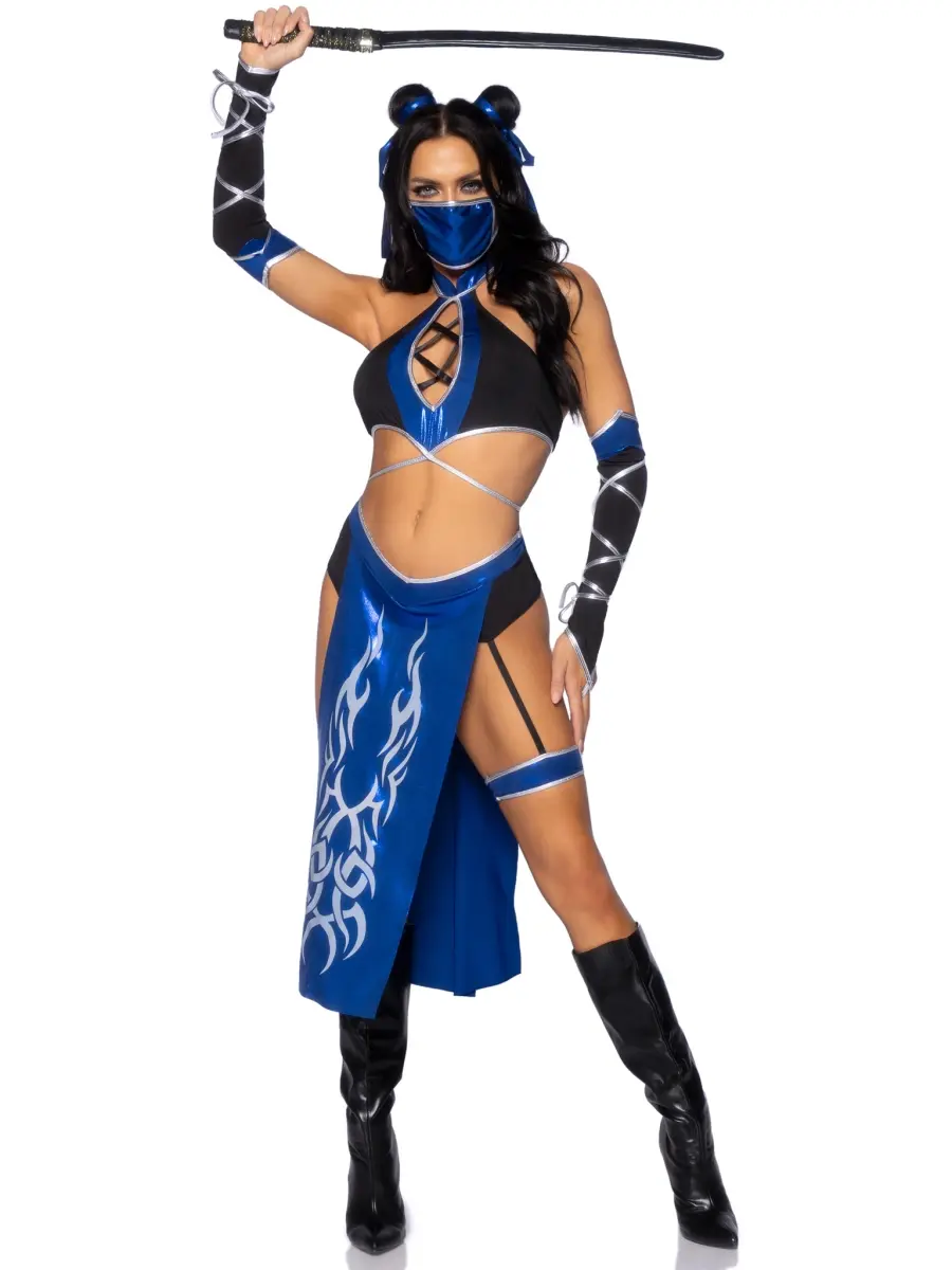 Leg Avenue Women's Sexy 5-Piece Combat Ninja Cosplay Clothes - Black & Blue Halloween Costume with Skirt, Panty, Mask, Accessories, Stylish Design, Small