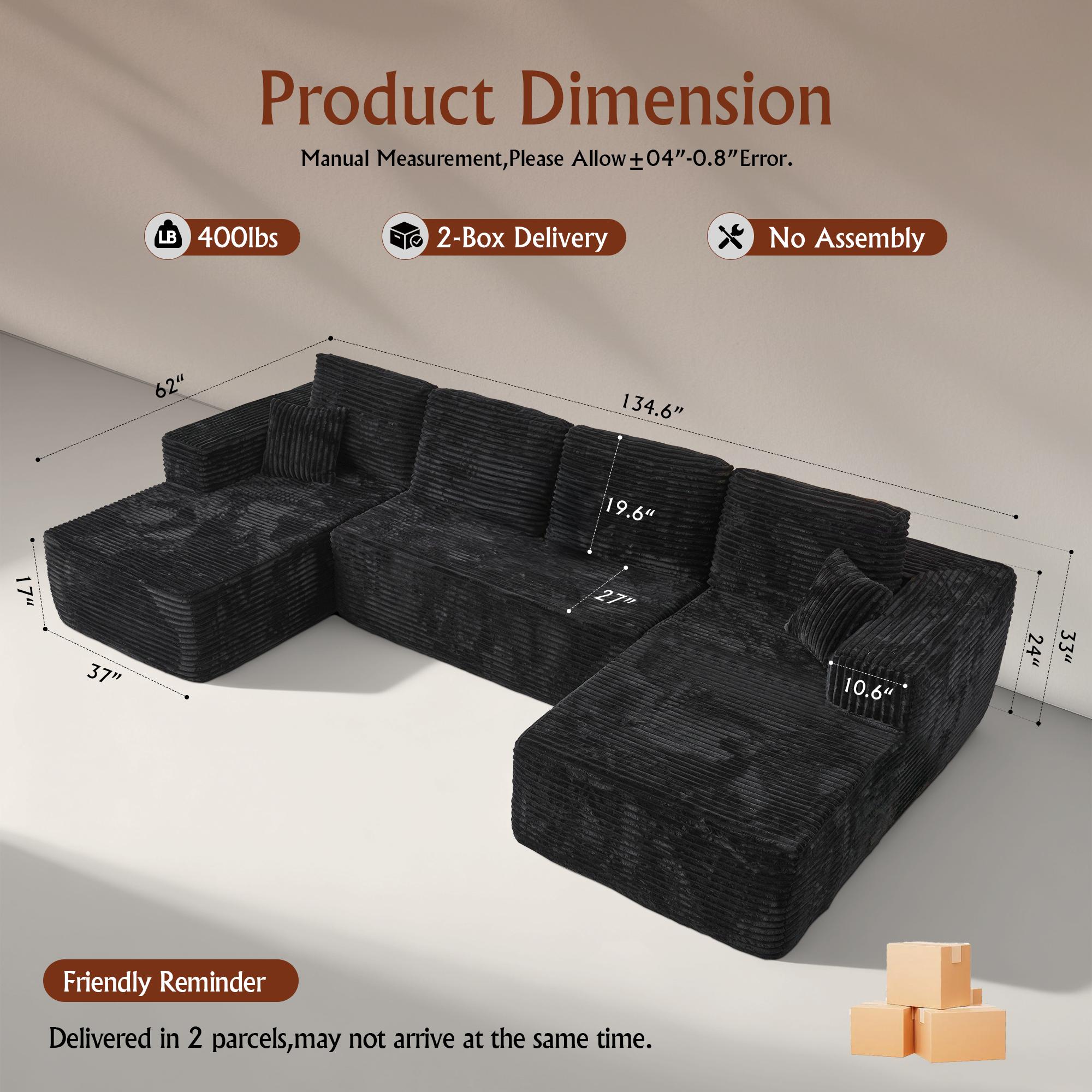 OOSWIFT 135"Oversized U-Shape Cloud Couch Plus Sectional with Chaise - Modern Modular Boneless Sofa Set Includes 6 Soft Pillows & Lounge Chairs, Plush Corduroy Fabric for Living Room & Large Spaces,Christmas gift