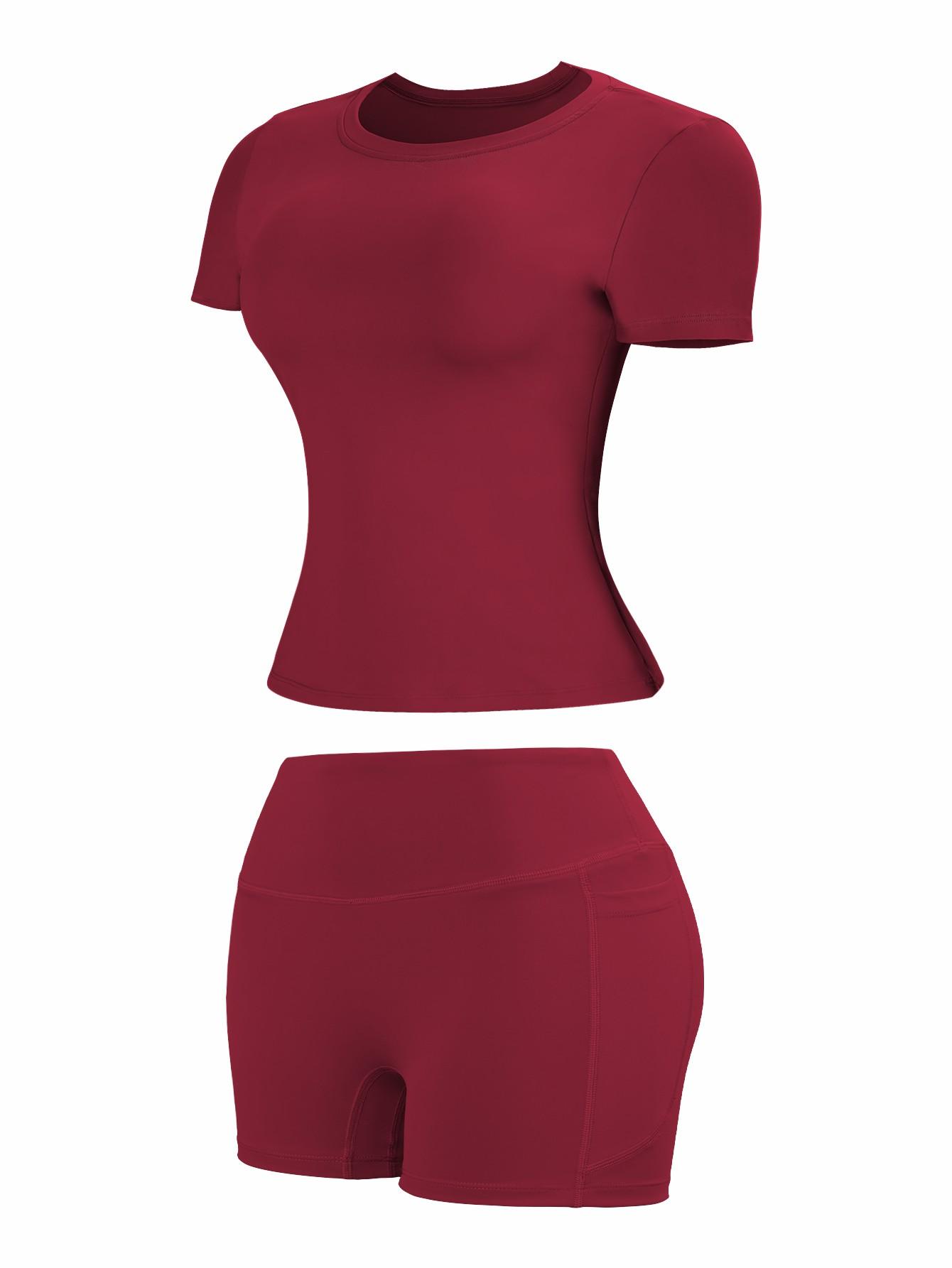 New Women's Two-Piece Set, High-End Solid Color T-Shirt and High-Waist Fitted Shorts Activewear Set, Leisure Breathable Quick-Drying Set, Suitable for Yoga and Gym Wear, Women's Summer Sports Outfit, Athletic Wear, Fitness and Running Clothing
