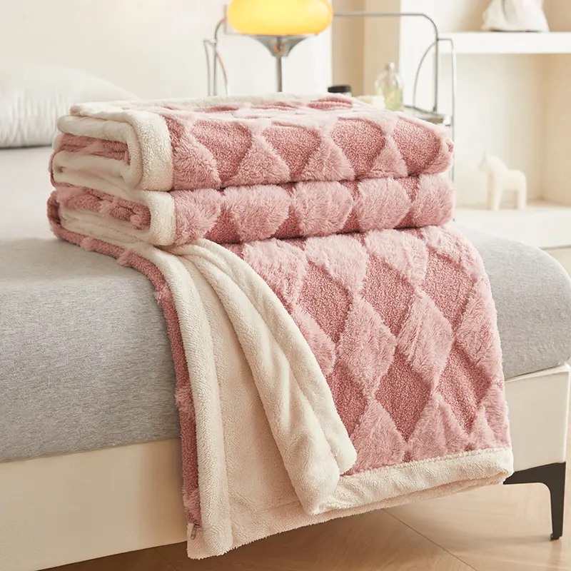 Tufted Fleece Blanket - Super Soft Warm Fluffy Shaggy Blanket, Diamond Plaid Jacquard Bed Blanket for Winter, Throw Blanket