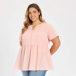 GRACE & GRANDEUR Plus Size Gingham Tops for Women Plaid Notch Neck Short Sleeve Blouse Summer Flowy Babydoll Peplum Top