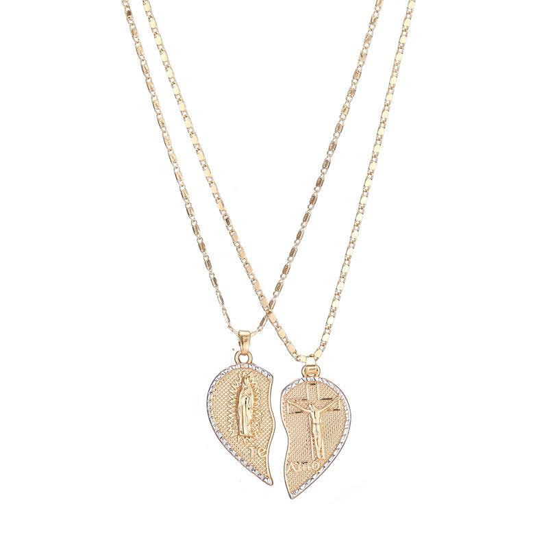 Veliora V Virgin Mary Heart Necklace 18K Gold Plated Double Chain Combination Prayer Pendant for Women & Men TE AMO Inscribed Couple Necklace Religious Symbolism Elegant Dual Heart Design 45cm Chain Length