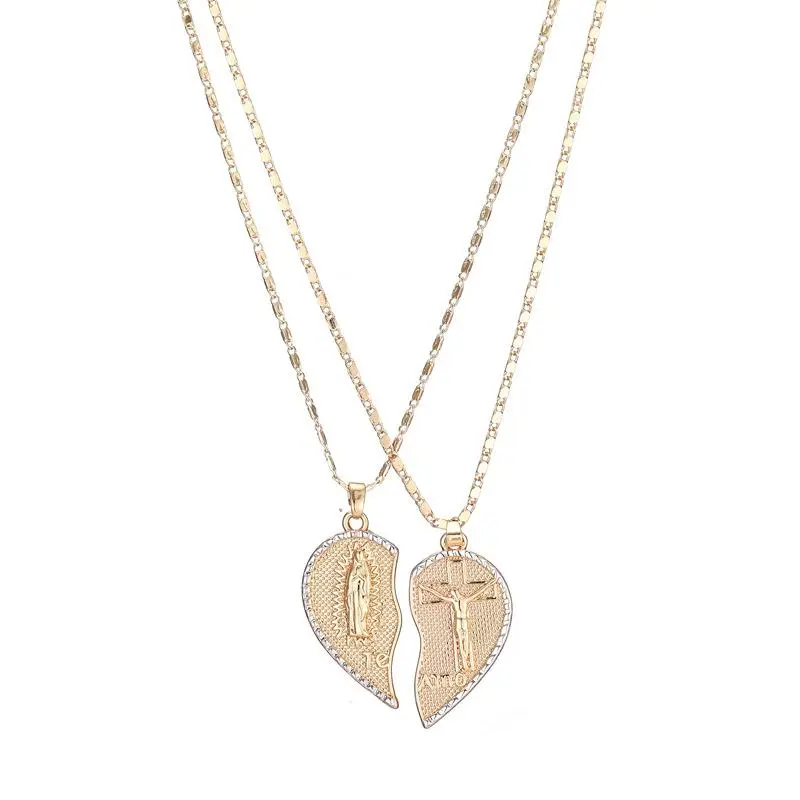 Veliora V Virgin Mary Heart Necklace 18K Gold Plated Double Chain Combination Prayer Pendant for Women & Men TE AMO Inscribed Couple Necklace Religious Symbolism Elegant Dual Heart Design 45cm Chain Length