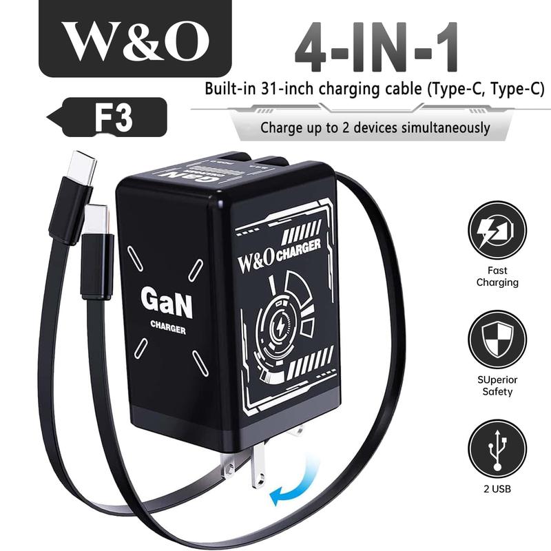 W&O 4-in-1 Portable GaN Fast Charger  Compatible with 120W Fast Chargeing with Retractable Cable USB-C & Lightning Usb Connector iphone 16 plus cases smart watch iphone 15 pro max earbuds portable charger chargers android phones power bank power bank
