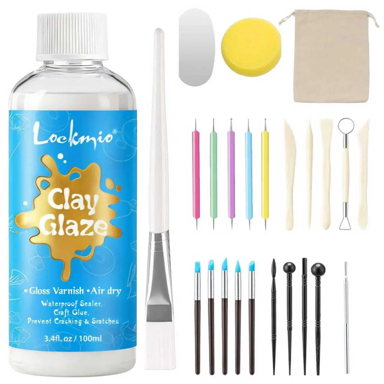 3.4FL OZ Air Dry Clay Glaze for kids,25pcs DIY Craft, Gloss Clay Varnish Protective Sealant to Prevent Cracking, Scratching & Wear - Pottery Tools for Stippling, Carving, Molding & Shaping Clay Crafts (Gloss)