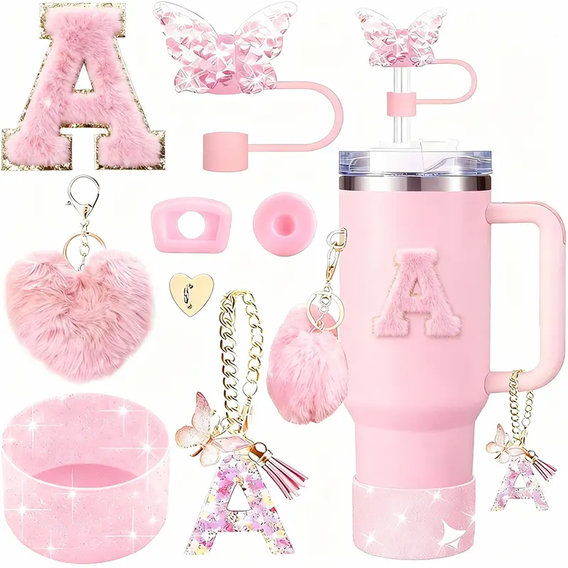 Portable Stainless Steel Vacuum Insulated Cup Set (30oz & 40oz) with Handle, Straw, Stopper, Diamond Lid, Hand-Painted Sparkle Glitter Silicone Booties, Pom-Pom Keychain, Letter Charm - Gift-Ready Box, Cute Accents, Lightweight Kitchenware Drinkware