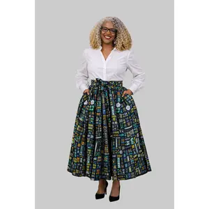 African-Inspired Print Midi Skirt with Matching Head Wrap