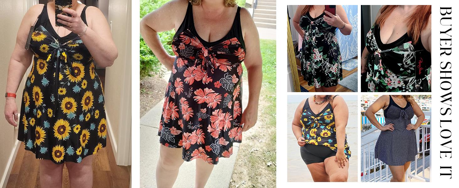 Hanna Nikole Women's Two Piece Swim Dress Plus Size Tummy Control Floral Printed Swimwear Swimsuits with Boyshort Tankinis Set Swimdress Outdoorfun