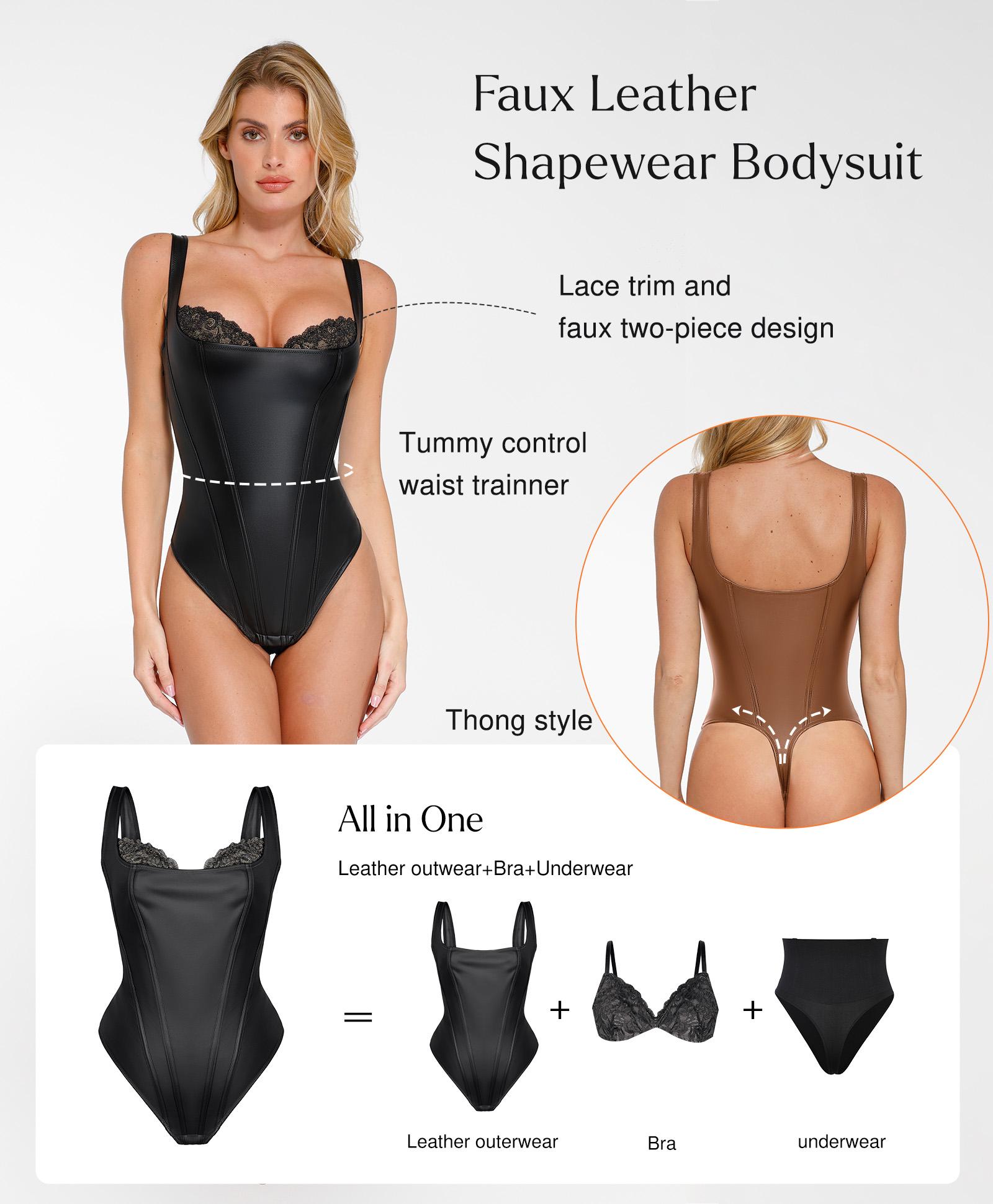 Popilush Basic Faux Leather Corset Top  Supportive Shapewear Bodysuit Lingerie Lace Trim Tummy Control Bustier Sleeveless Womenswear