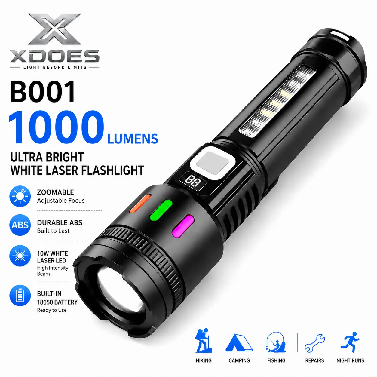 XDOES B001 Rechargeable Bright Lumen Flashlight - 1000-Lumen Zoomable Tactical ABS Plastic Compact Handheld Light with COB Side Light, Laser, Battery Display, IPX4 Water Resistance for Camping, Bright Flashlight