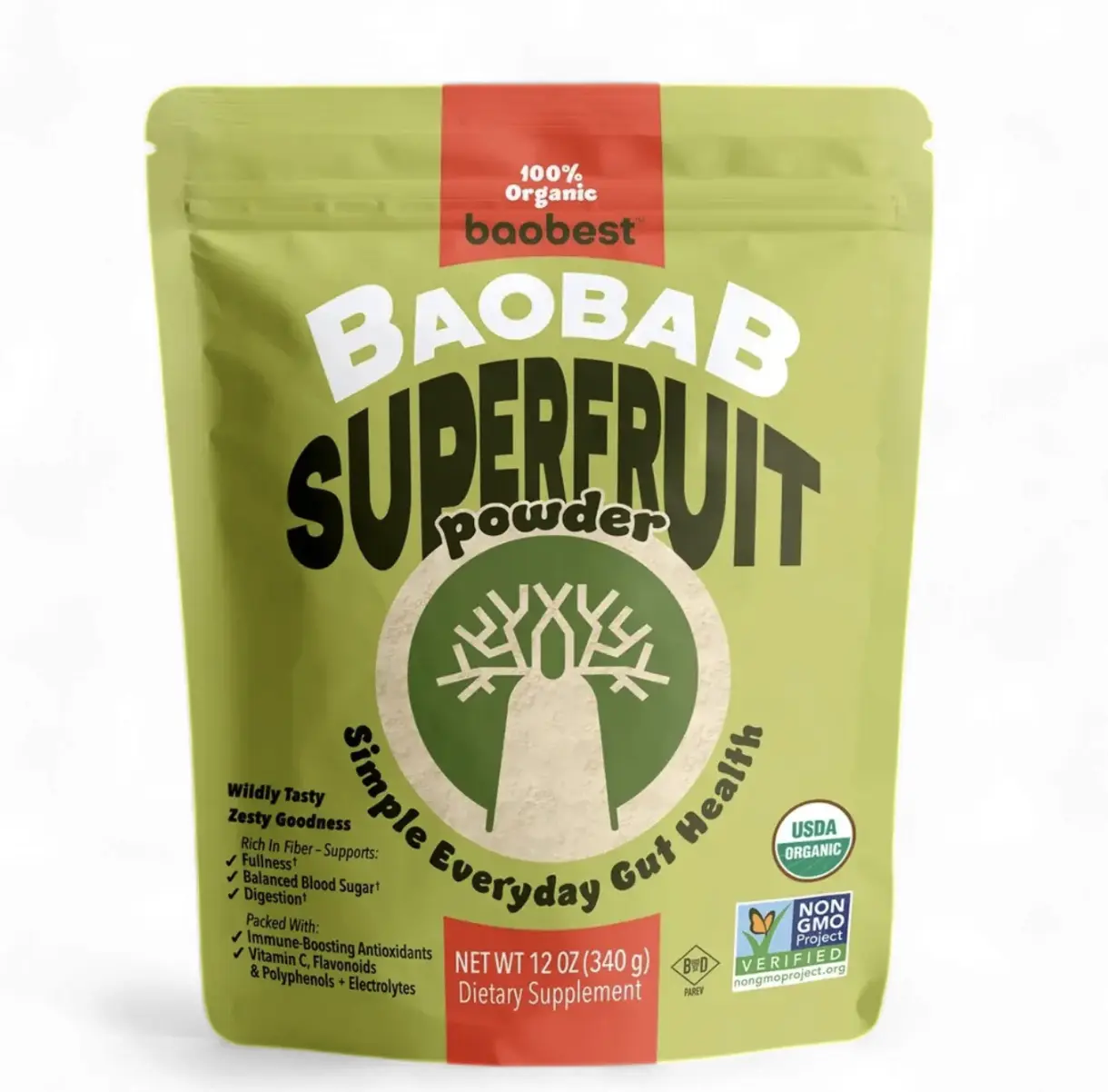 Organic Baobab Fruit Powder, 12oz Vegan Hydration Powder with Pouch