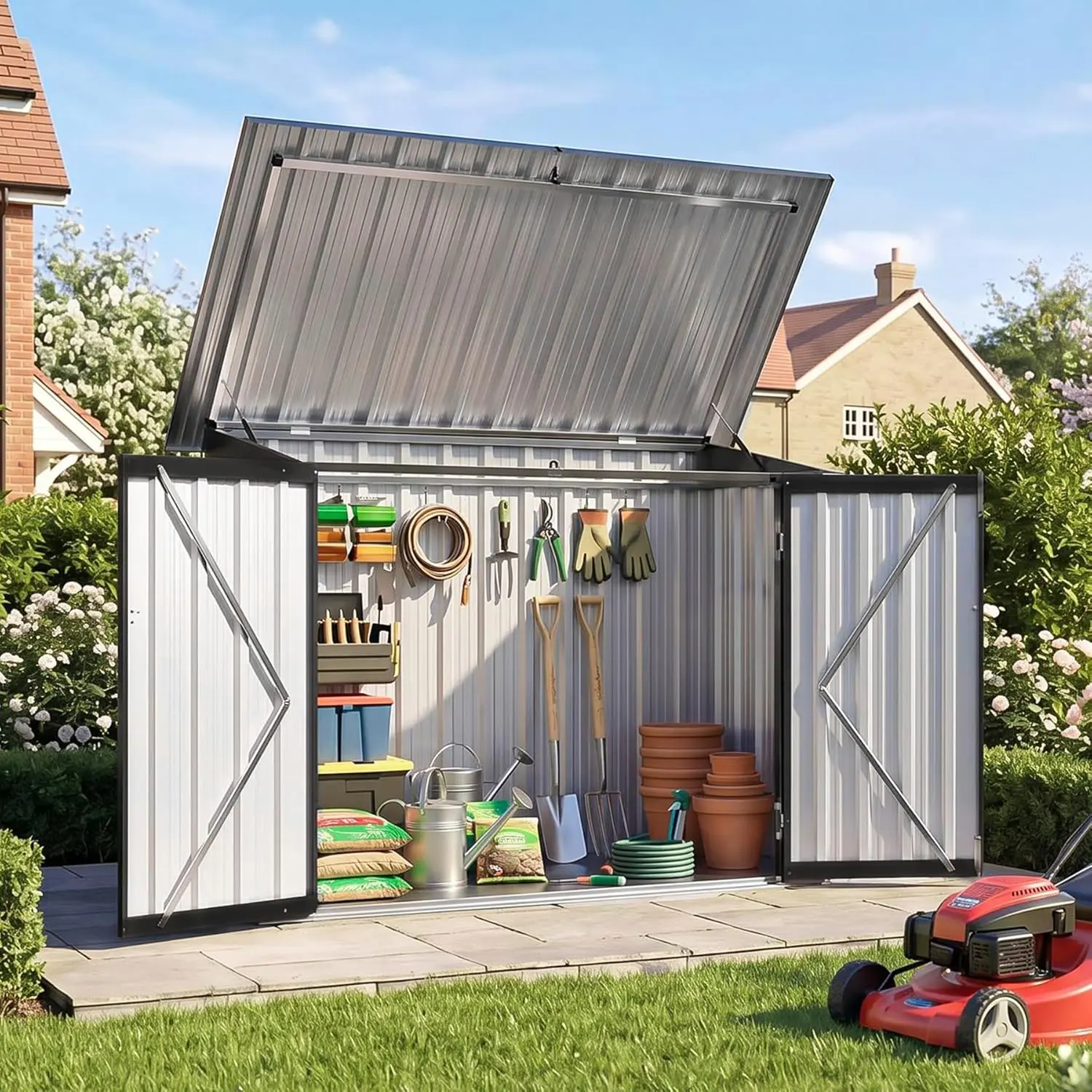 Aoxun Outdoor Metal Storage Cabinet, All Weather Galvanized Steel Storage Shed with Hydraulic Lift Lid & Lockable Doors, 20 Cu.Ft / 35 Cu.Ft Optional, Adjustable Steel Shelf Available, Waterproof Tool Storage Box for Patio, Garden, Backyard, Garage, Black