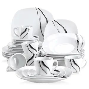VEWEET Series Teresa, 24/30 Piece Classic Ivory White Porcelain Ceramic Dinnerware Set Ink and Line Patterns Square Kitchen Sets with Dinner Plate, Soup Plate, Dessert Plate, Bowl, Tableware Service for 6 Plateset Cutlery