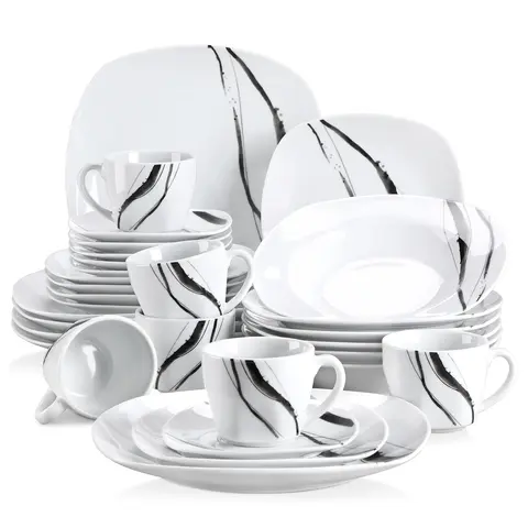 VEWEET Teresa Series 24/30-Piece 6-Person Ceramic Tableware Set, Classic Ivory White Square Porcelain Plates with Ink-Line Patterns, Cutlery, Mugs, 6-Person Coffee Set, 24.7cm Sizes, BPA-Free for Home Decor, Cake, Pasta