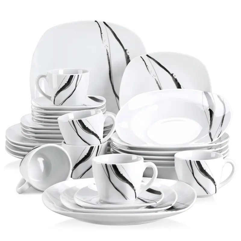VEWEET Teresa Series 24/30-Piece 6-Person Ceramic Tableware Set, Classic Ivory White Square Porcelain Plates with Ink-Line Patterns, Cutlery, Mugs, 6-Person Coffee Set, 24.7cm Sizes, BPA-Free for Home Decor, Cake, Pasta