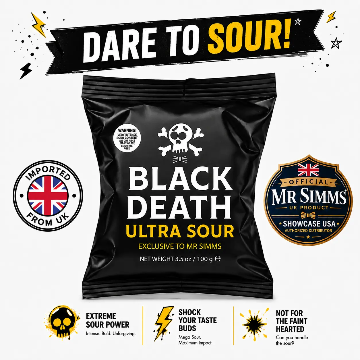 Mr Simms Black Death Ultra Sour  UK Import 3.5oz Authorized Distributor, Sharp Acidic Coating, Tangy Lemon Center, Challenge-Style Sour Food Treat