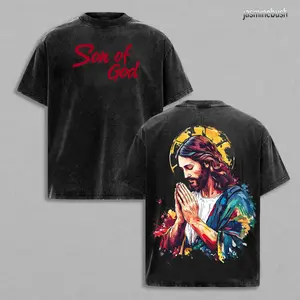 Son of God Jesus Praying T-Shirt | Merry Xmas Christian Holiday Shirt | Vintage Washed Oversized Faith Tee | Colorful Jesus Art Graphic Back Print | Religious Christmas Gift for Believers USA